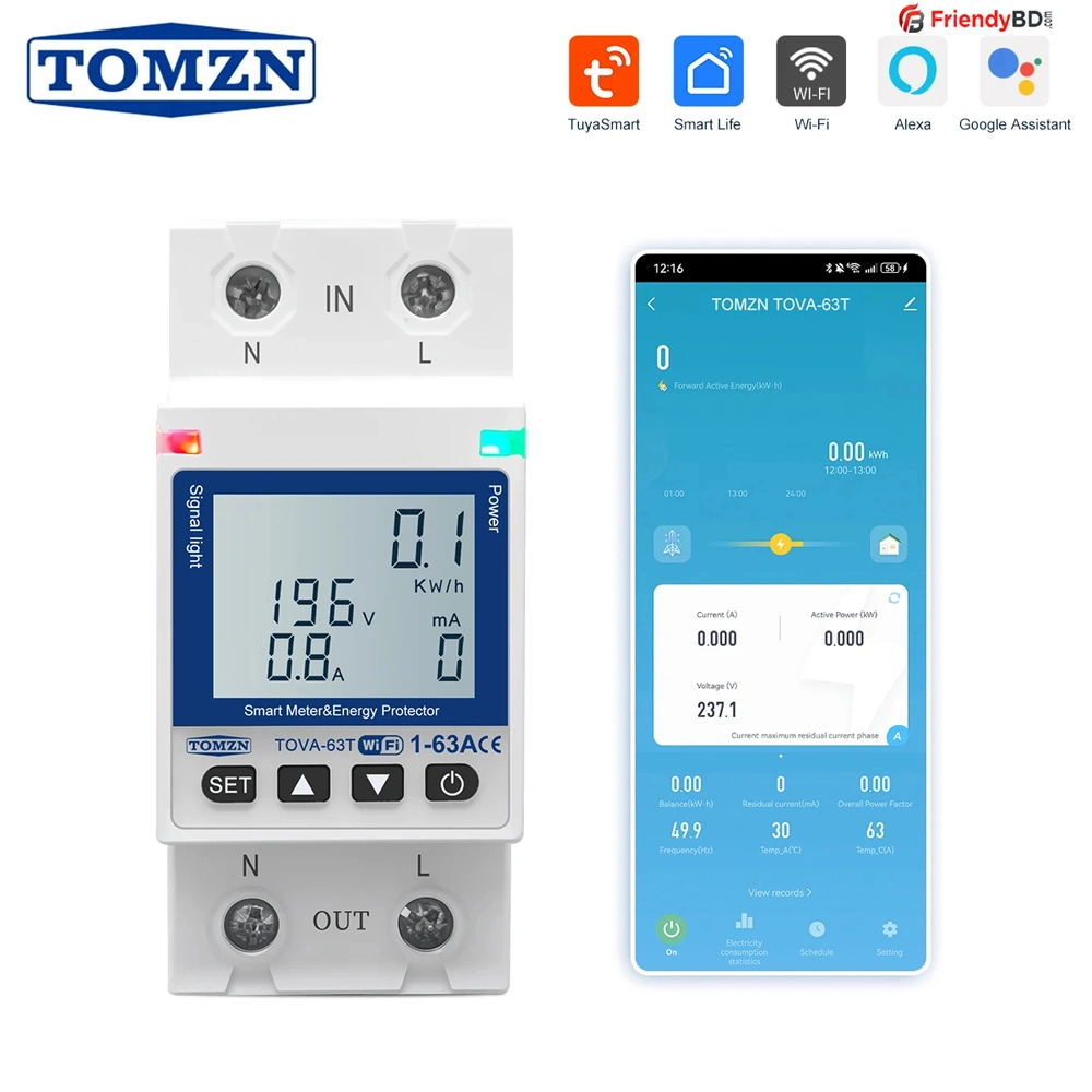 TOMZN TOVA-63T WIFI Circuit Breaker 63A Energy Meter, Timer, Voltage, Current Leakage Protection – Smartlife, TUYA App Support (White Display)
