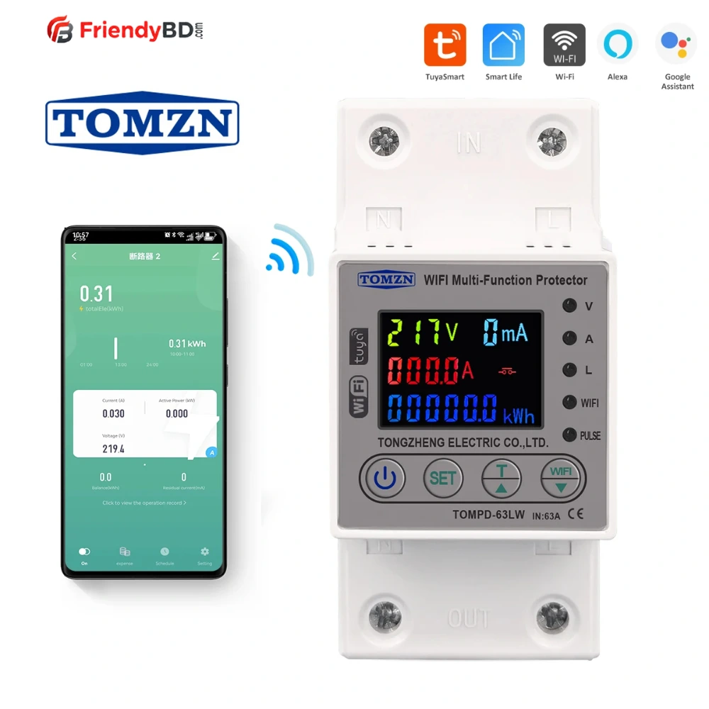 TOMZN TOVA-63T WIFI Circuit Breaker 63A Energy Meter, Timer, Voltage, Current Leakage Protection – Smartlife, TUYA App Support (Color Display)